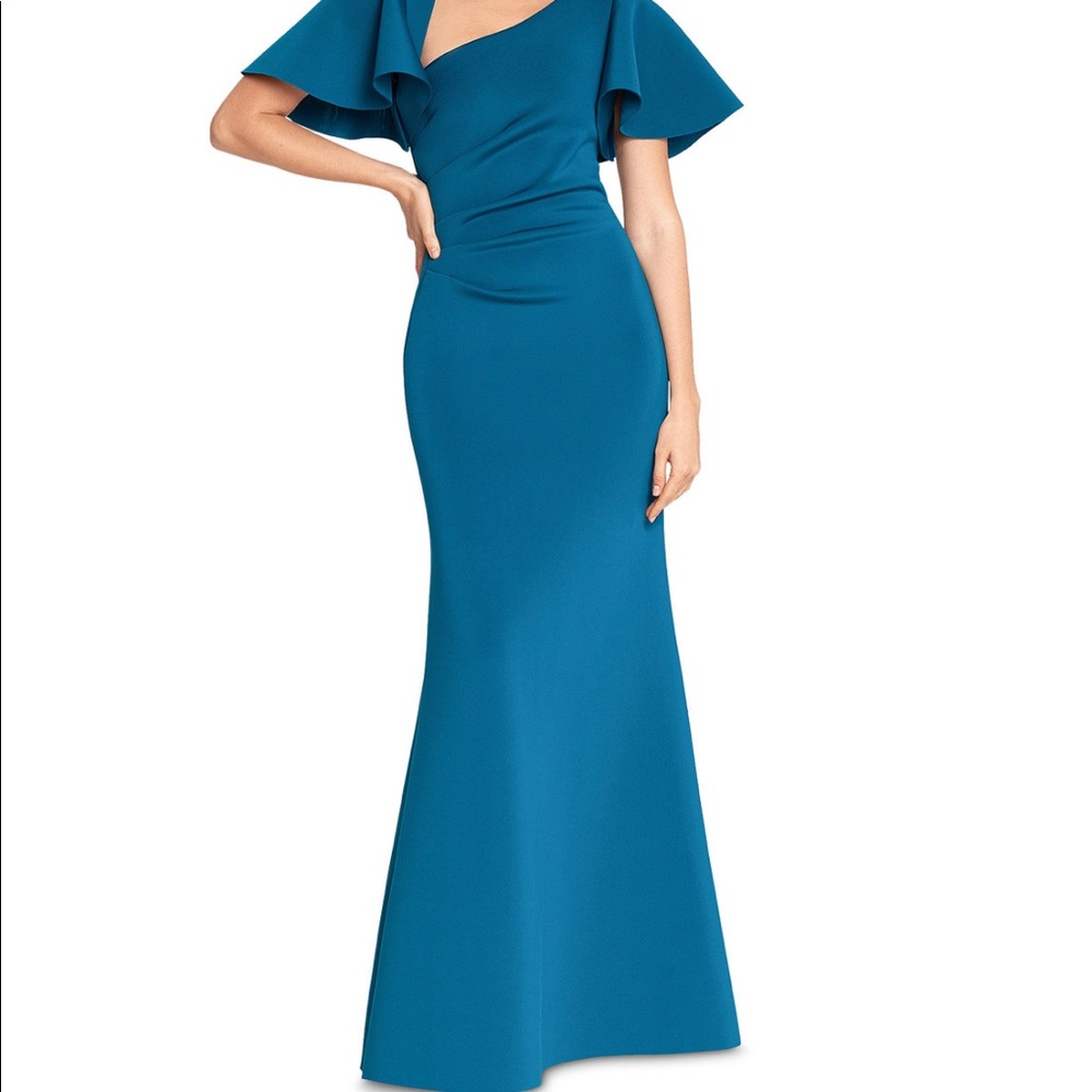 Betsy and Adam Turquoise Asymmetrical-Neck Gown with Face Mask Size 8